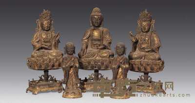 明代 铜漆金三世坐佛像（五个） 高39cm；高41cm；高39cm；高25cm；